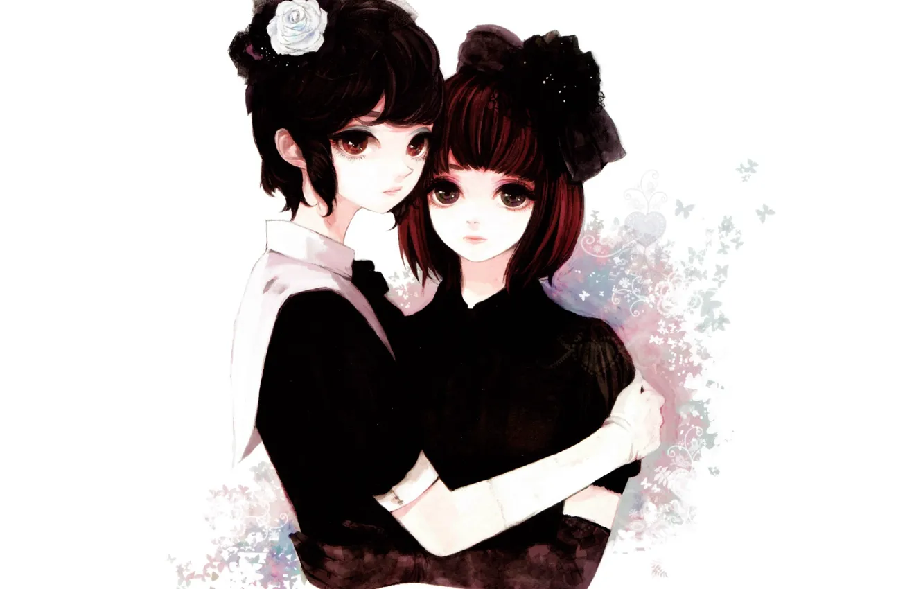 Photo wallpaper flowers, butterfly, white background, gloves, sisters, big eyes, art Atri