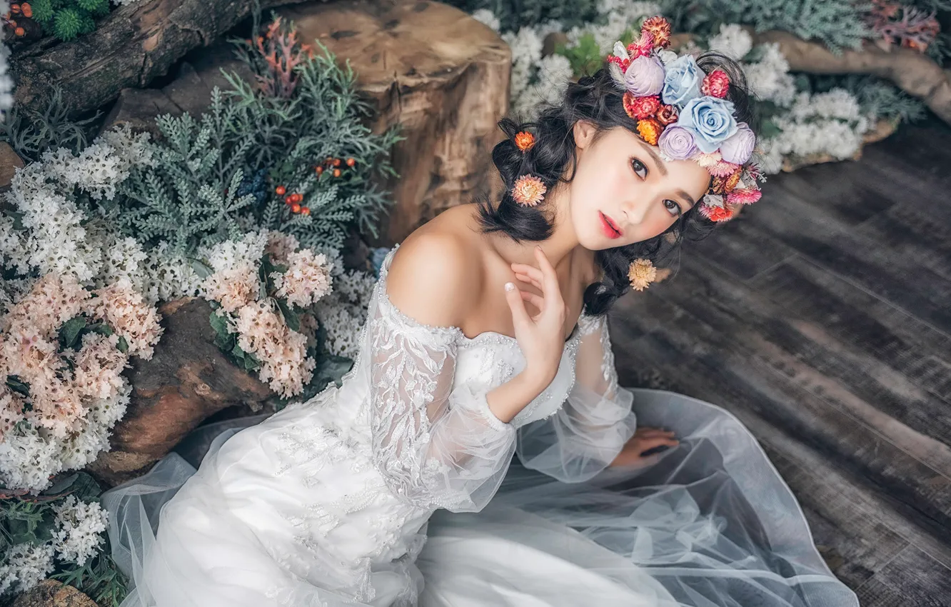 Photo wallpaper look, flowers, pose, style, model, Asian, the bride, wreath