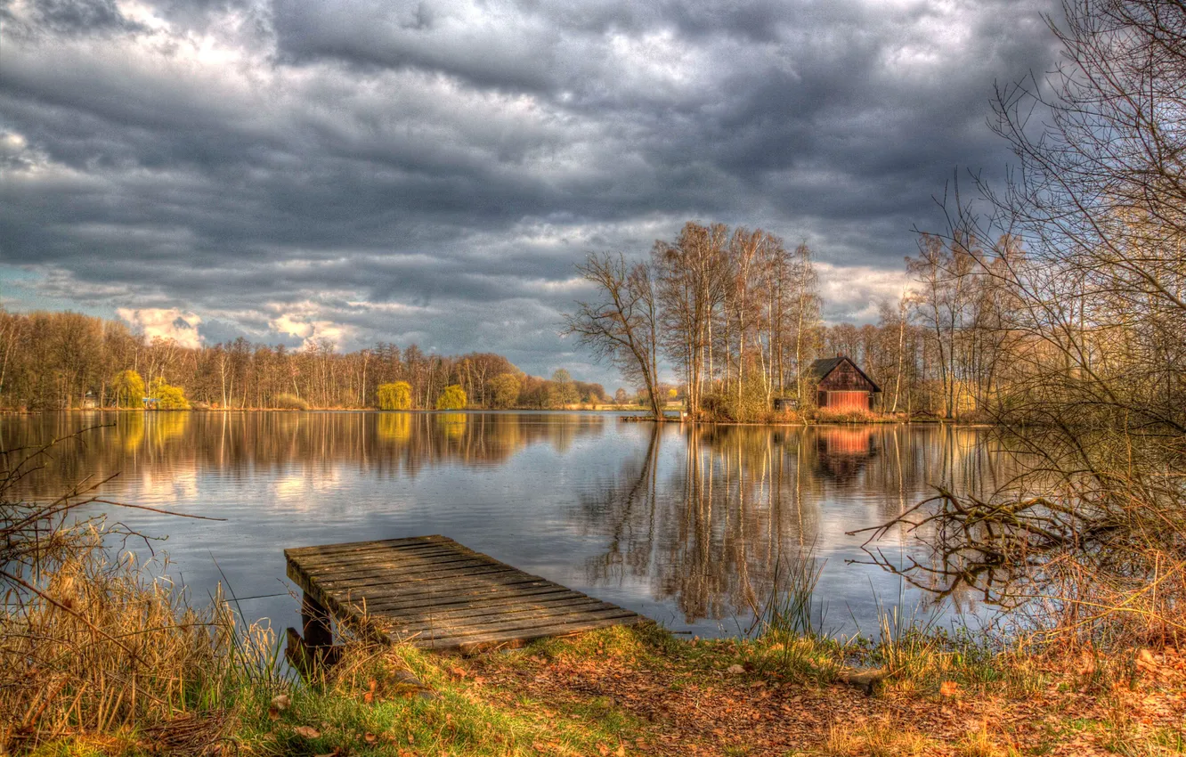 Photo wallpaper autumn, the sky, clouds, trees, lake, HDR, house, the bridge