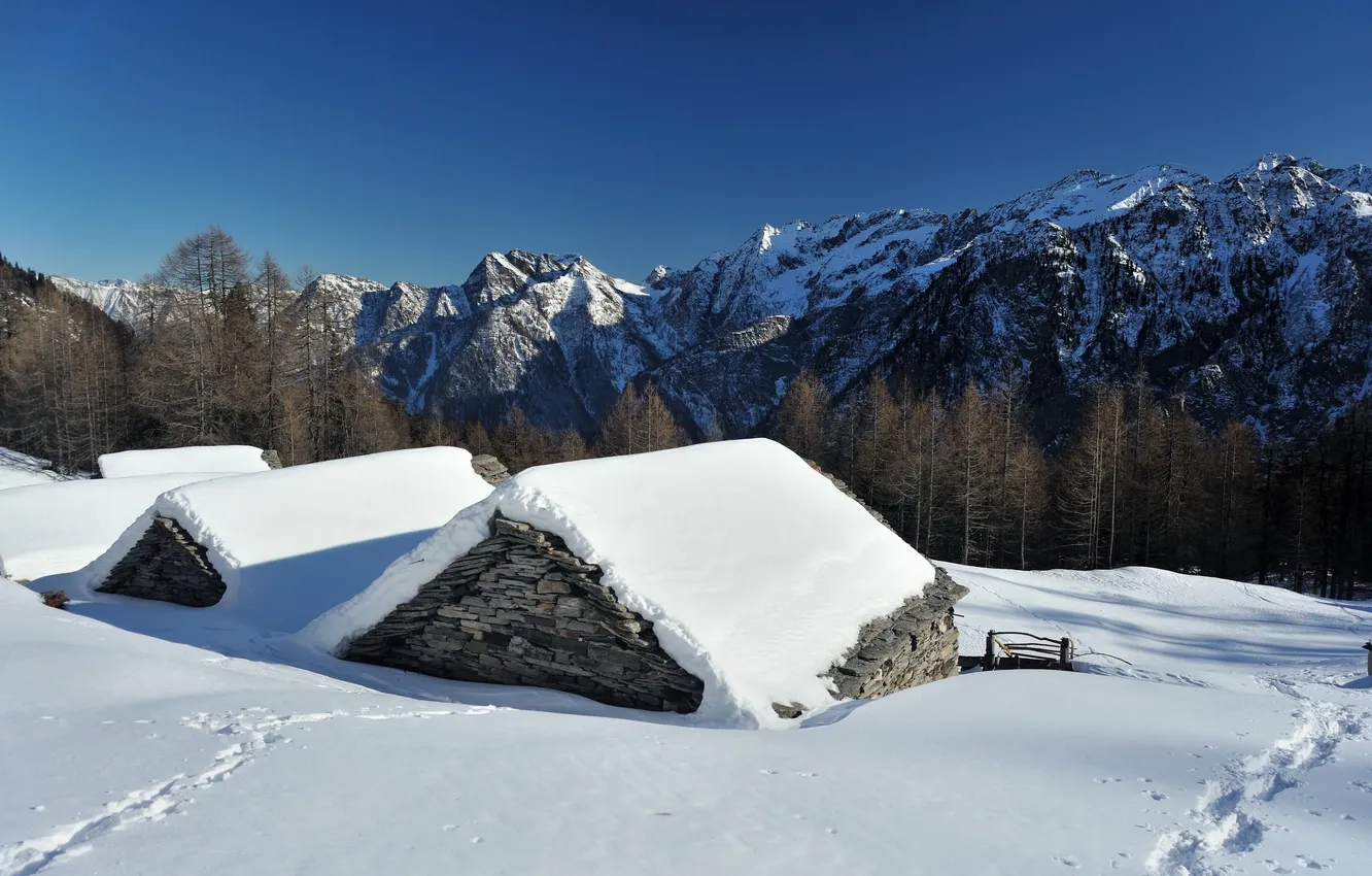 Photo wallpaper winter, snow, mountains, home