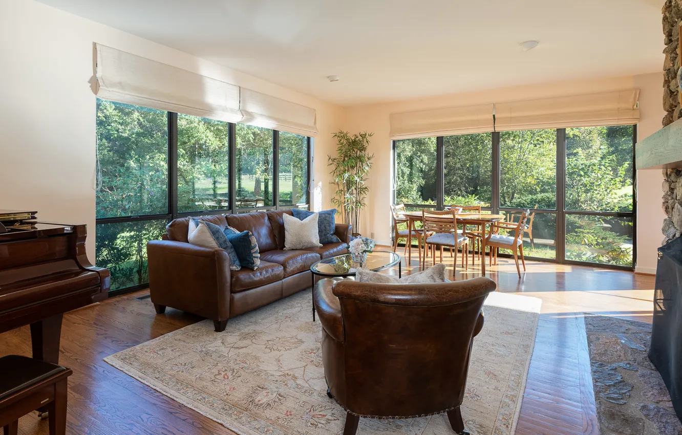 Photo wallpaper interior, fireplace, piano, living room, dining room, Charlottesville Stager