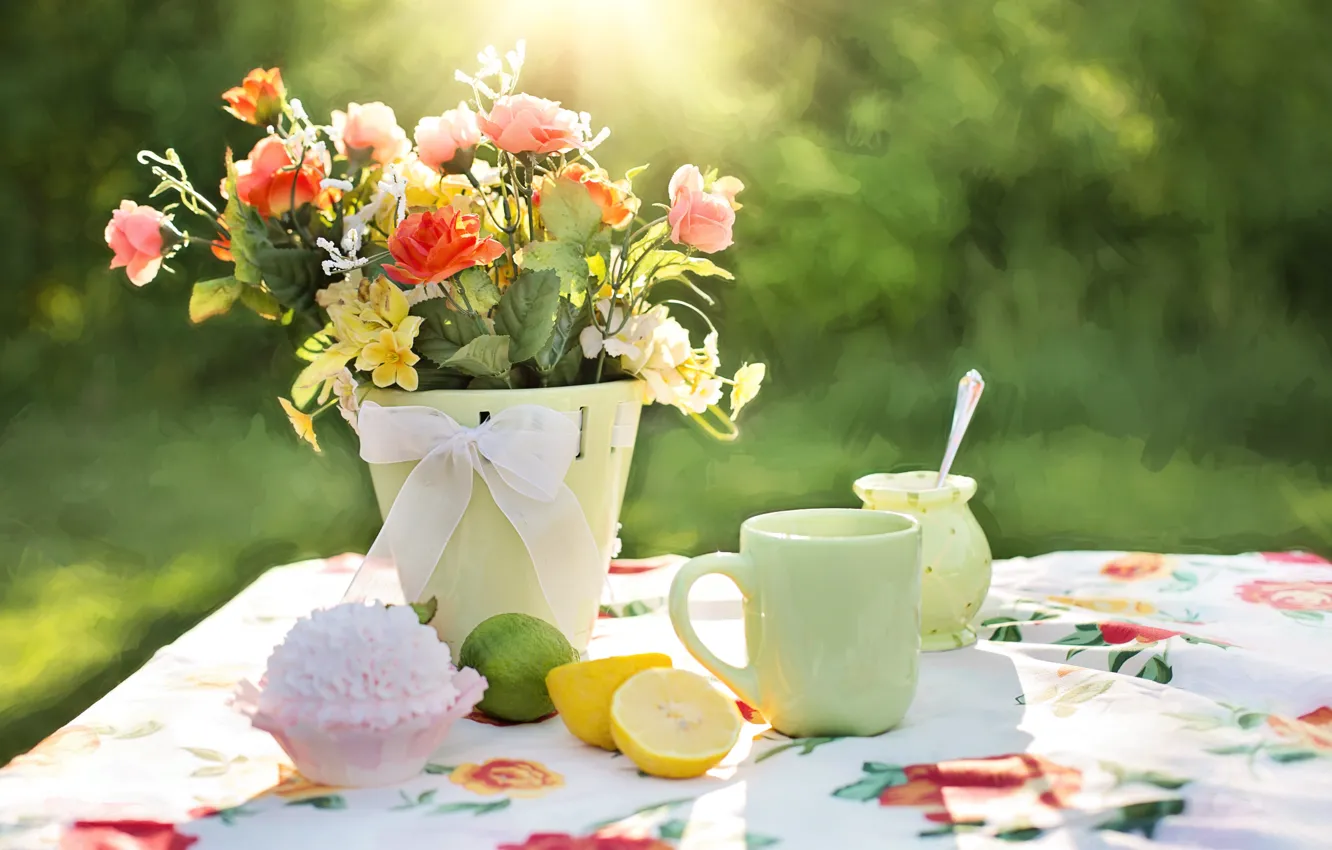 Photo wallpaper flowers, lemon, Cup, vase, cake, tablecloth, table