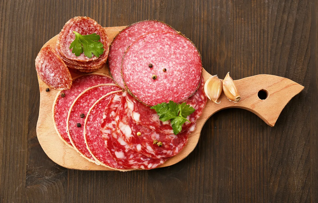 Photo wallpaper greens, Board, sausage