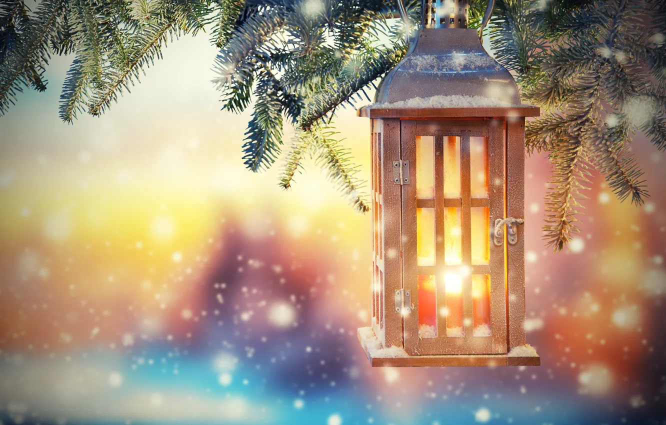 Photo wallpaper snow, decoration, tree, New Year, Christmas, lantern, Christmas, snow