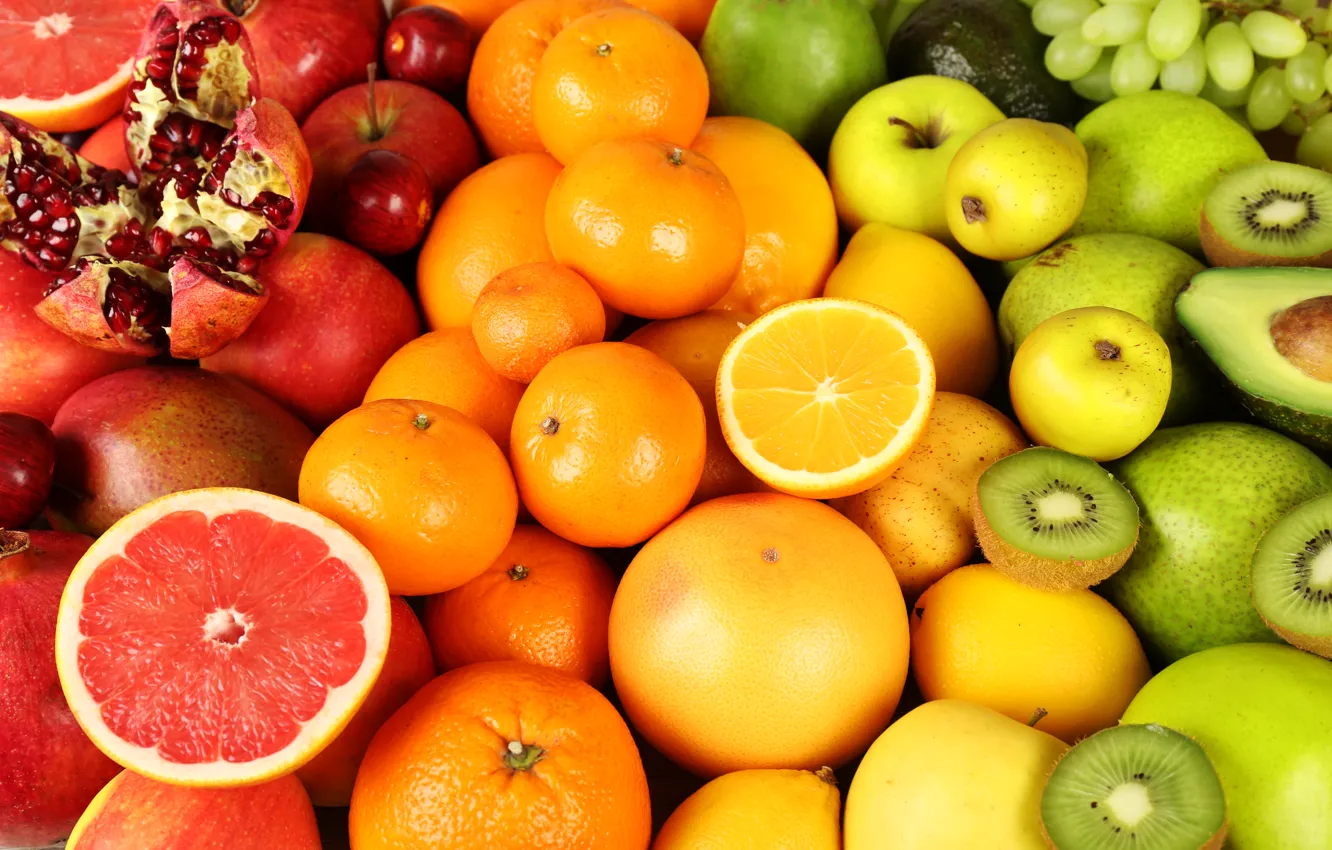 Photo wallpaper berries, apples, oranges, kiwi, fruit, fresh, grapefruit, fruits