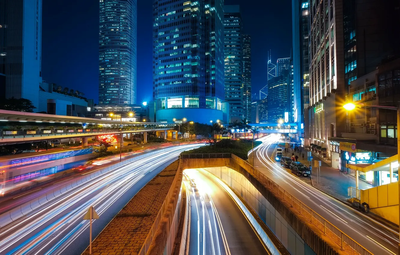 Photo wallpaper road, night, lights, movement, street, home, skyscrapers, lights