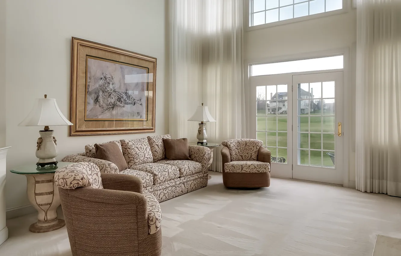 Photo wallpaper sofa, window, curtains, living room