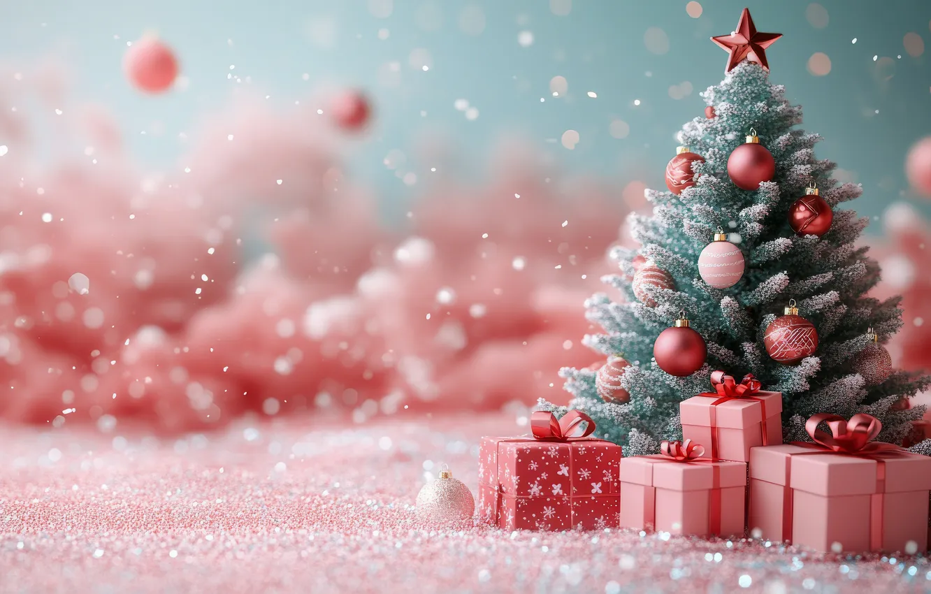 Photo wallpaper stars, balls, gift, new year, Christmas, herringbone, pink background, bokeh