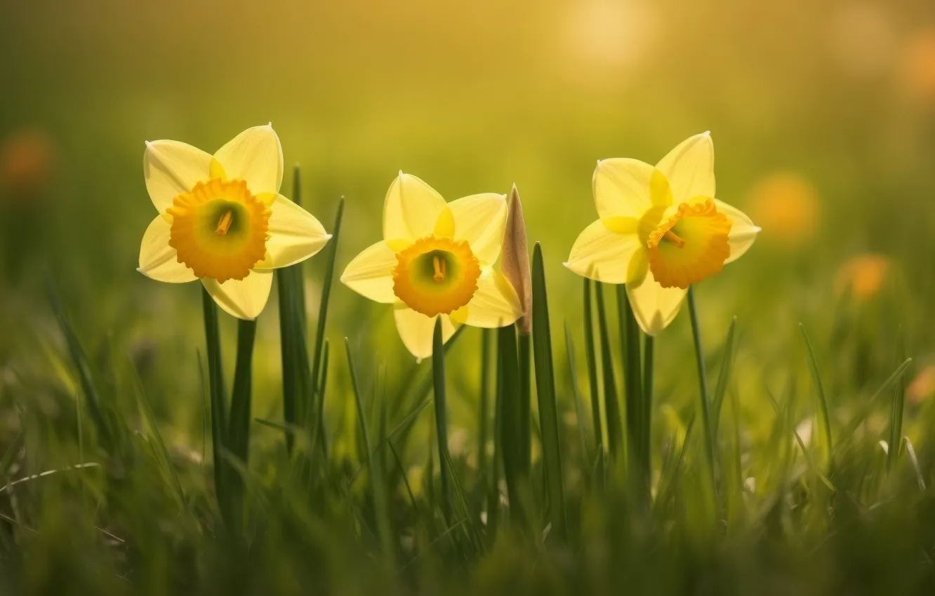 Photo wallpaper flowers, nature, spring, daffodils, AI art, neural network