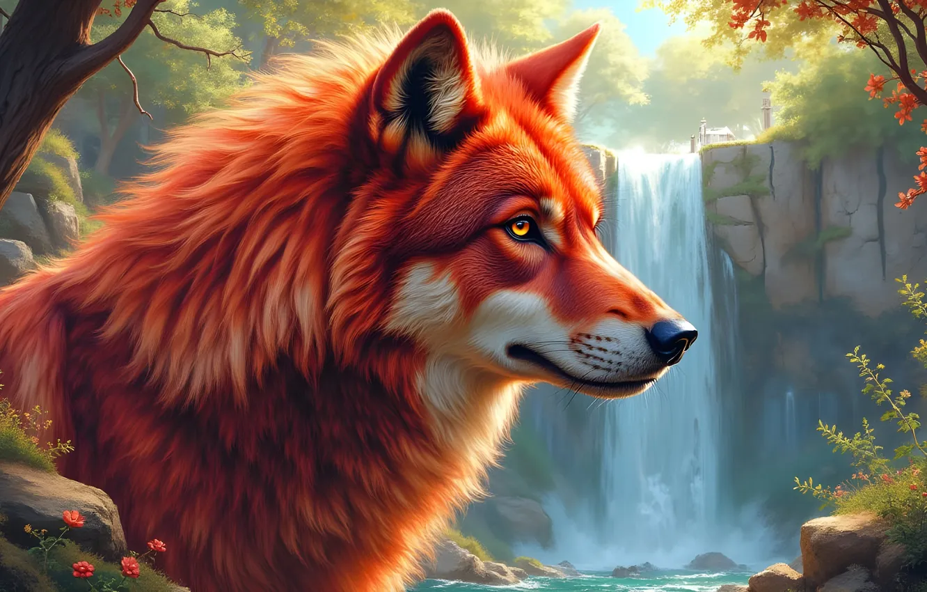 Photo wallpaper autumn, look, face, light, branches, red, nature, stones