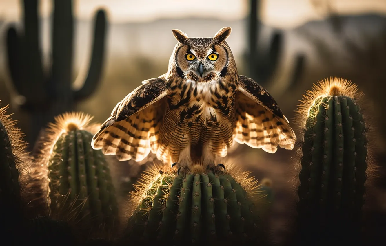 Photo wallpaper look, light, owl, bird, wings, cactus, owl, AI art