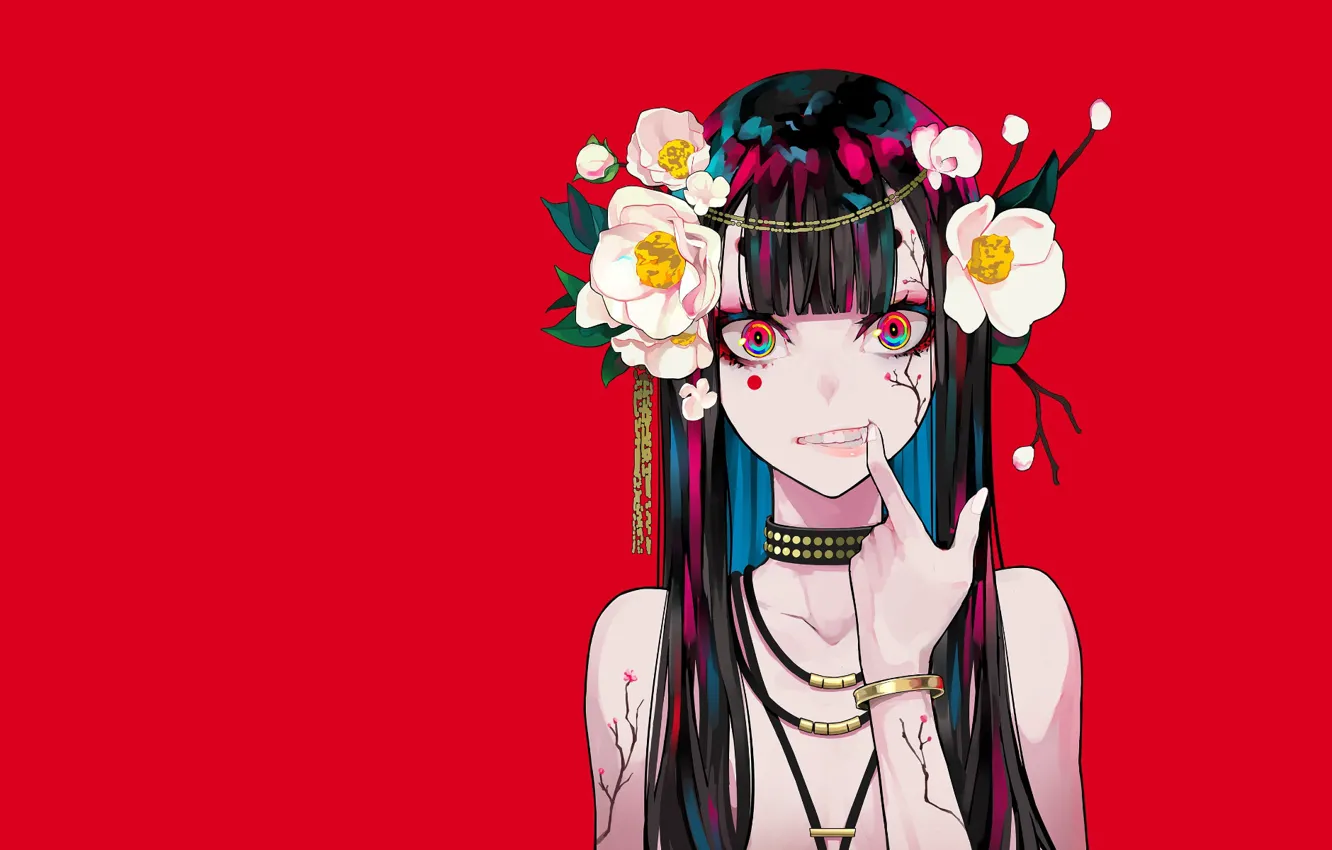 Photo wallpaper decoration, flowers, anime, brunette, gesture, red background, cute girl
