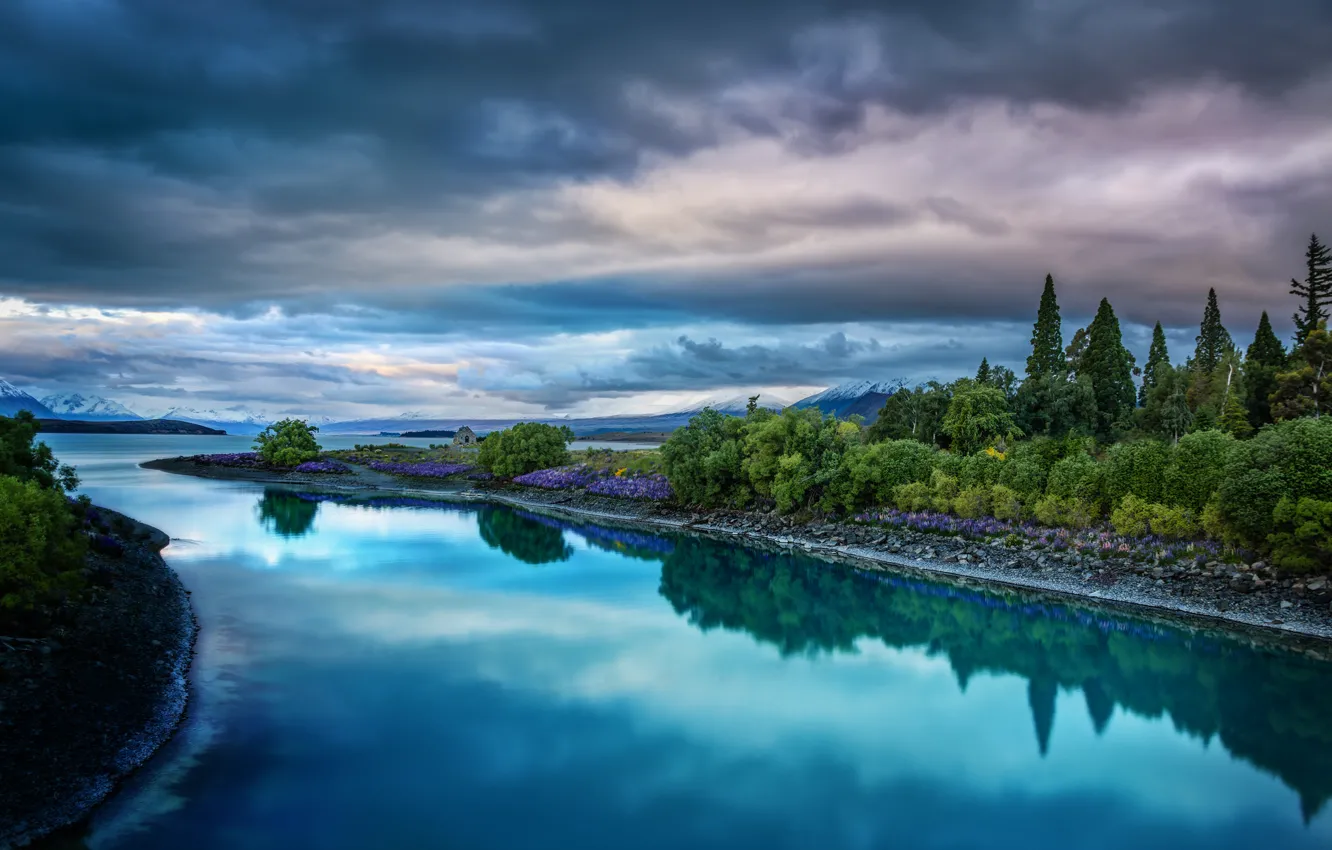 Photo wallpaper the sky, landscape, clouds, nature, lake, New Zealand, New Zealand, Lake Tekapo