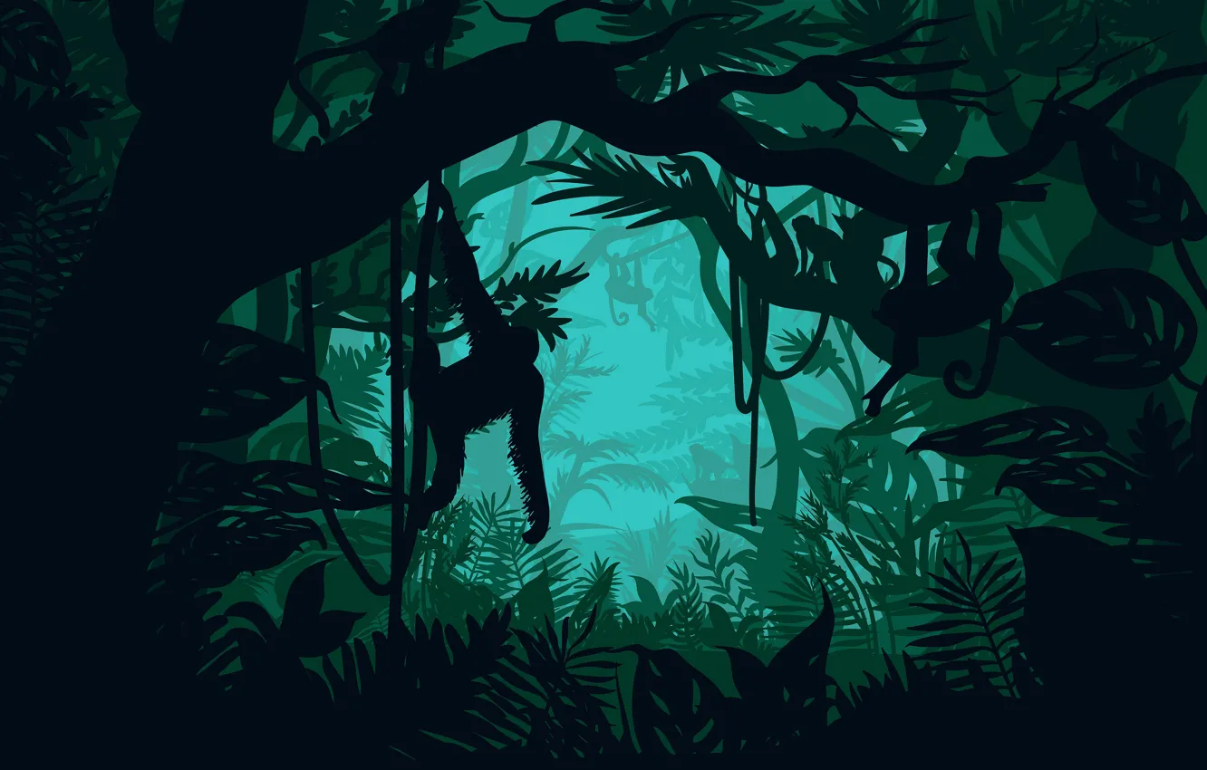 Photo wallpaper trees, landscape, jungle, monkey, wildlife, rainforest, vector graphics, orangutan