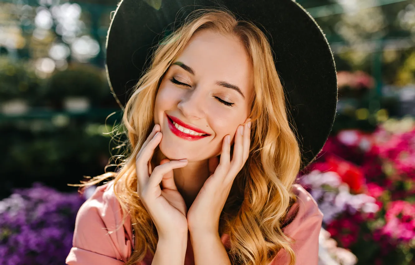 Photo wallpaper summer, girl, joy, flowers, pose, smile, portrait, bouquet