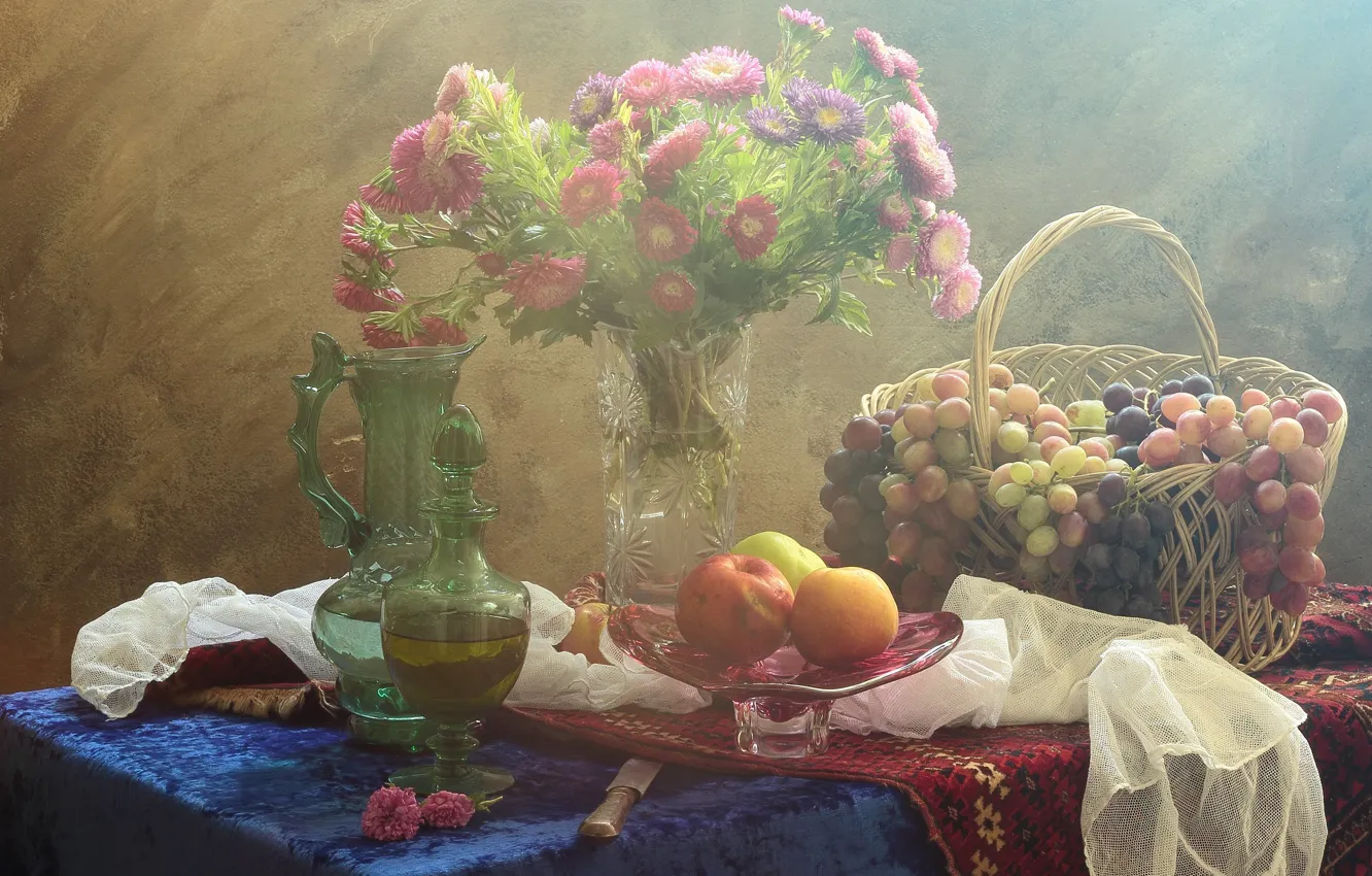 Photo wallpaper flowers, table, grapes, fruit, Still life with asters