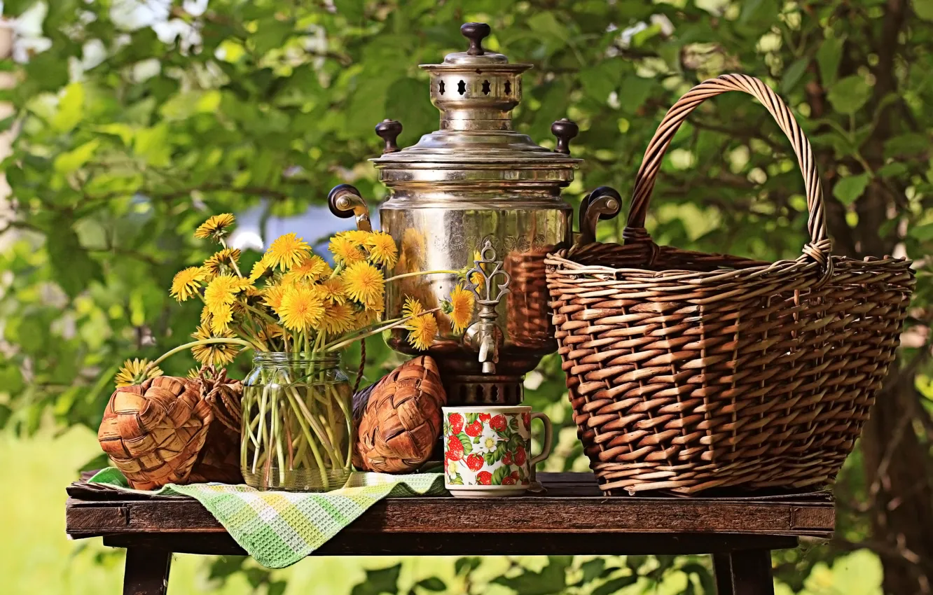 Photo wallpaper greens, the sun, flowers, nature, table, basket, bouquet, yellow