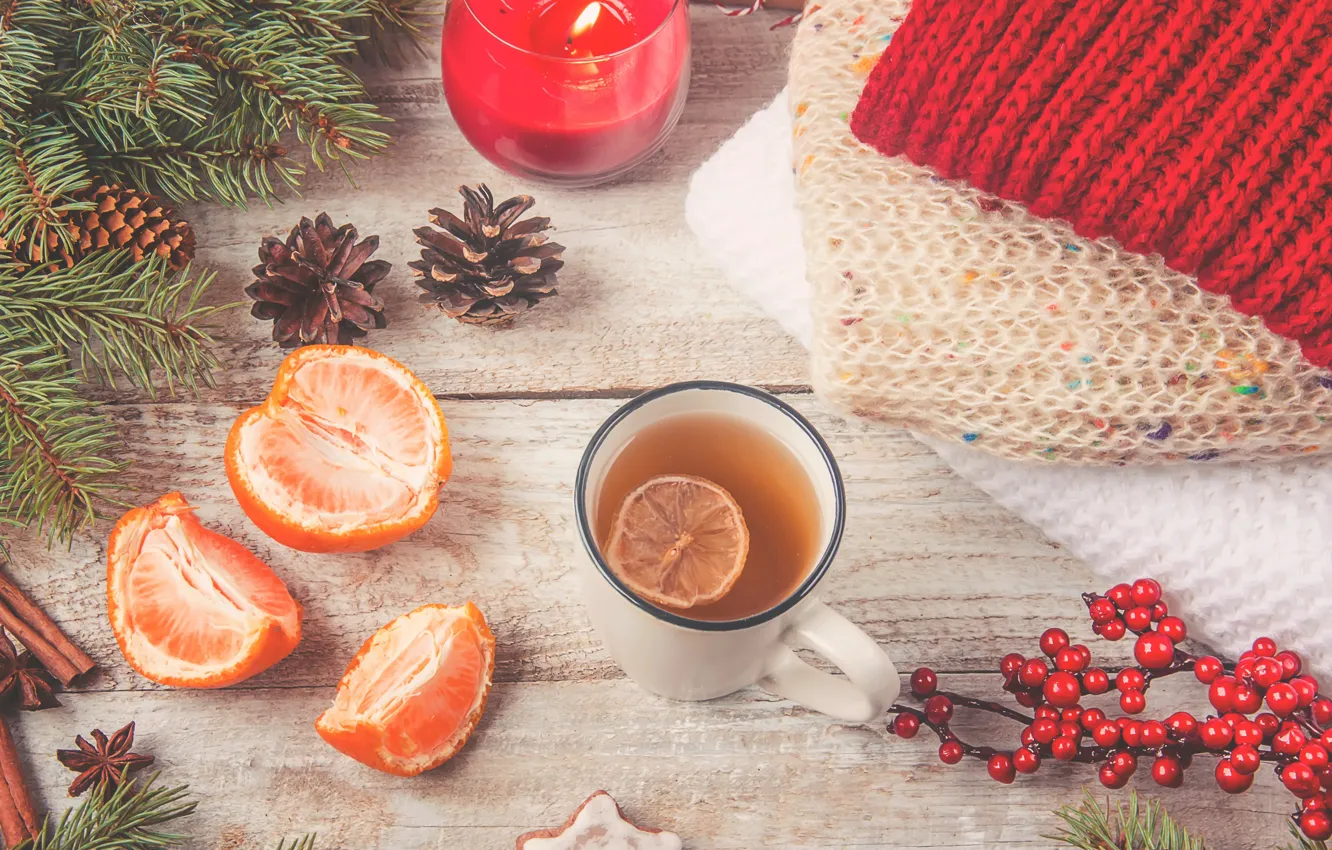 Photo wallpaper tea, new year, candle, drink, bumps, slices, Mandarin