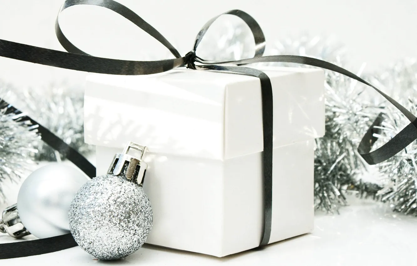 Photo wallpaper balls, holiday, box, gift, new year, Christmas, tape, white