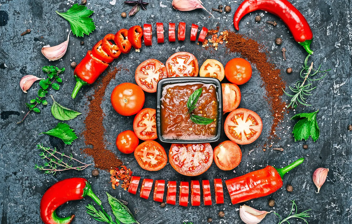 Photo wallpaper greens, pepper, vegetables, tomatoes, sauce