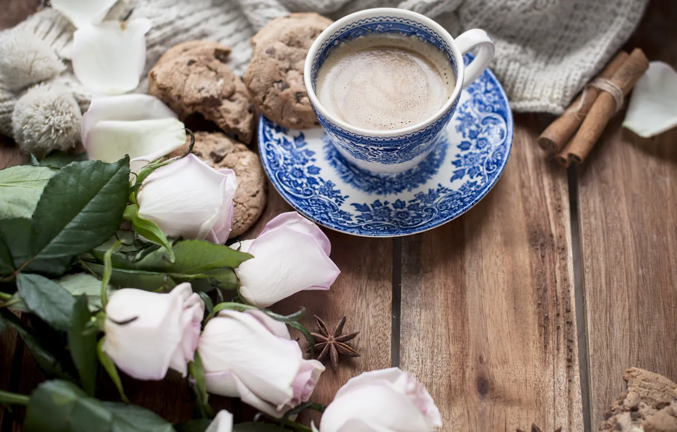 Photo wallpaper coffee, roses, cookies, Cup, plaid