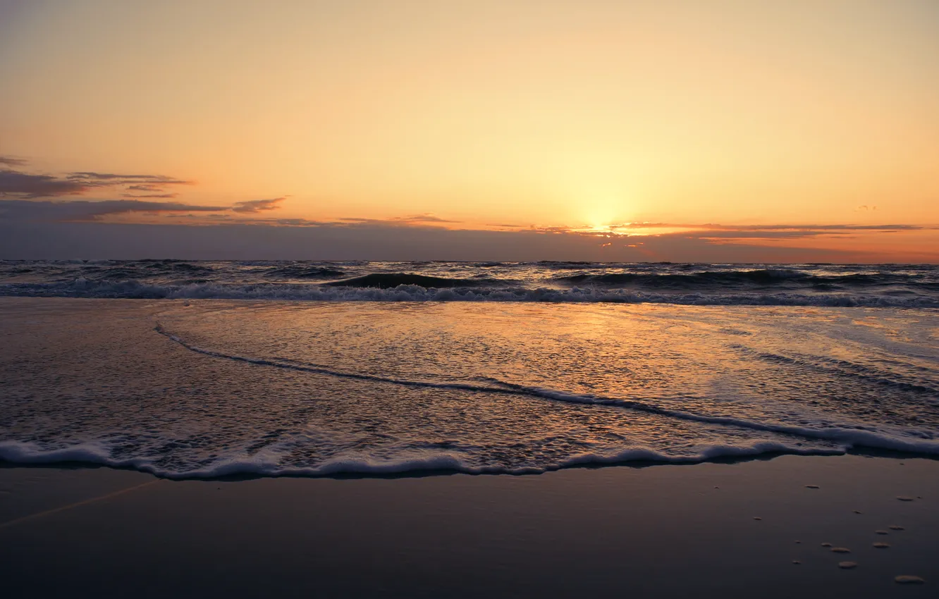 Photo wallpaper sand, sea, beach, water, clouds, sunset, shore