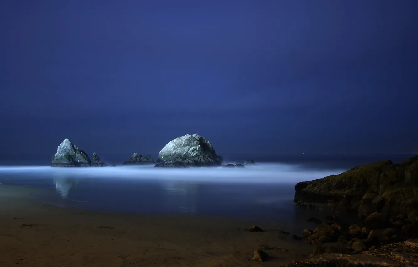Photo wallpaper sea, night, rocks, the evening, Blue