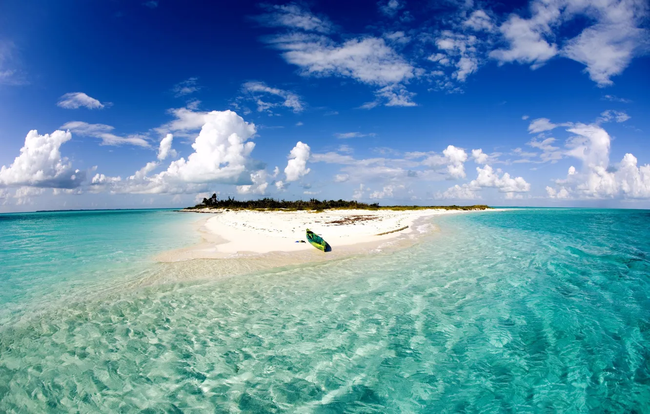 Photo wallpaper water, transparency, the ocean, boat, island, sky, seascape, Bahamas