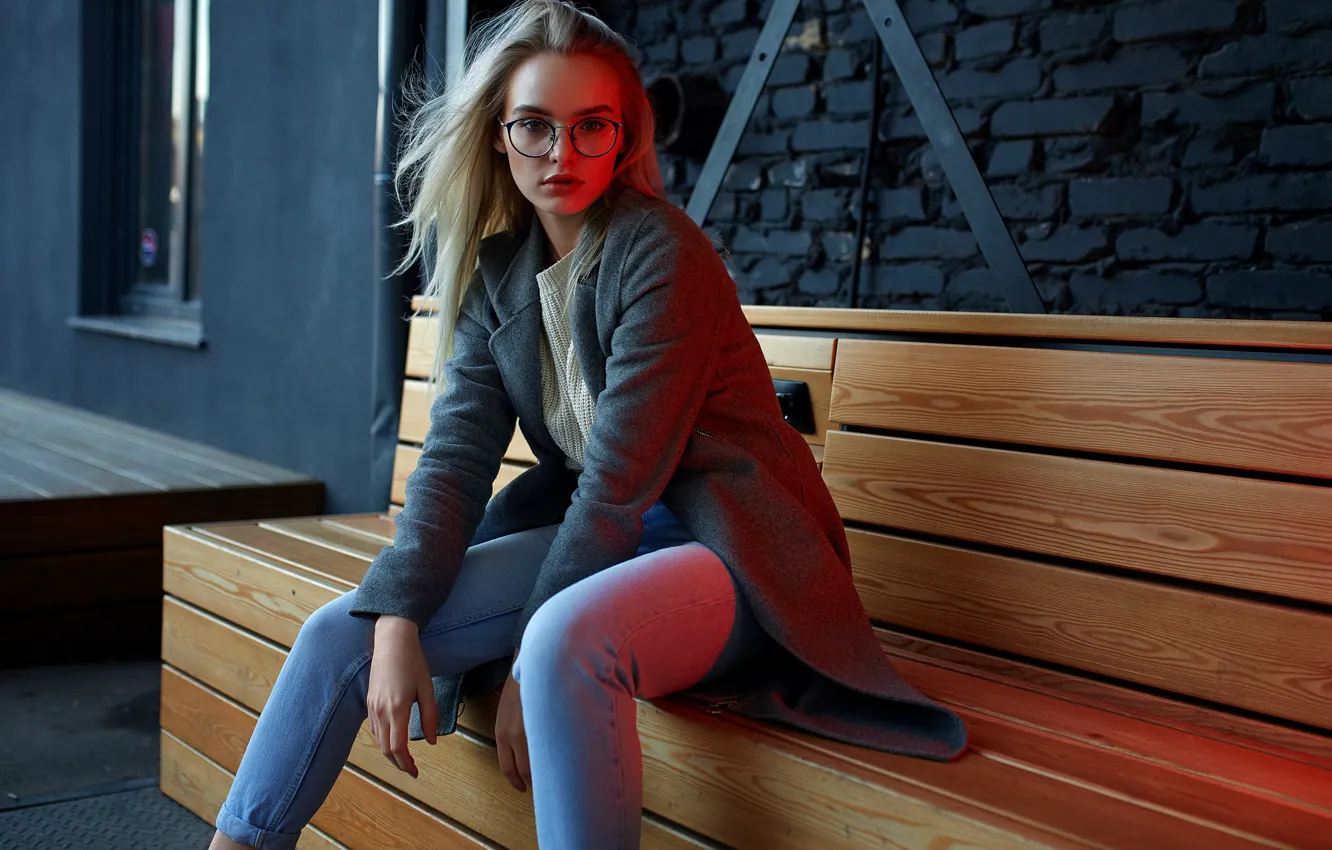 Photo wallpaper look, girl, pose, jeans, glasses, coat, Alexander Urmashev