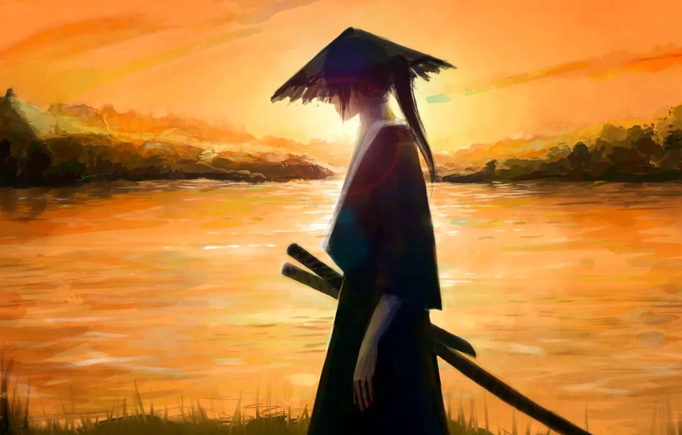 Photo wallpaper water, nature, weapons, sword, hat, art, samurai, Anime