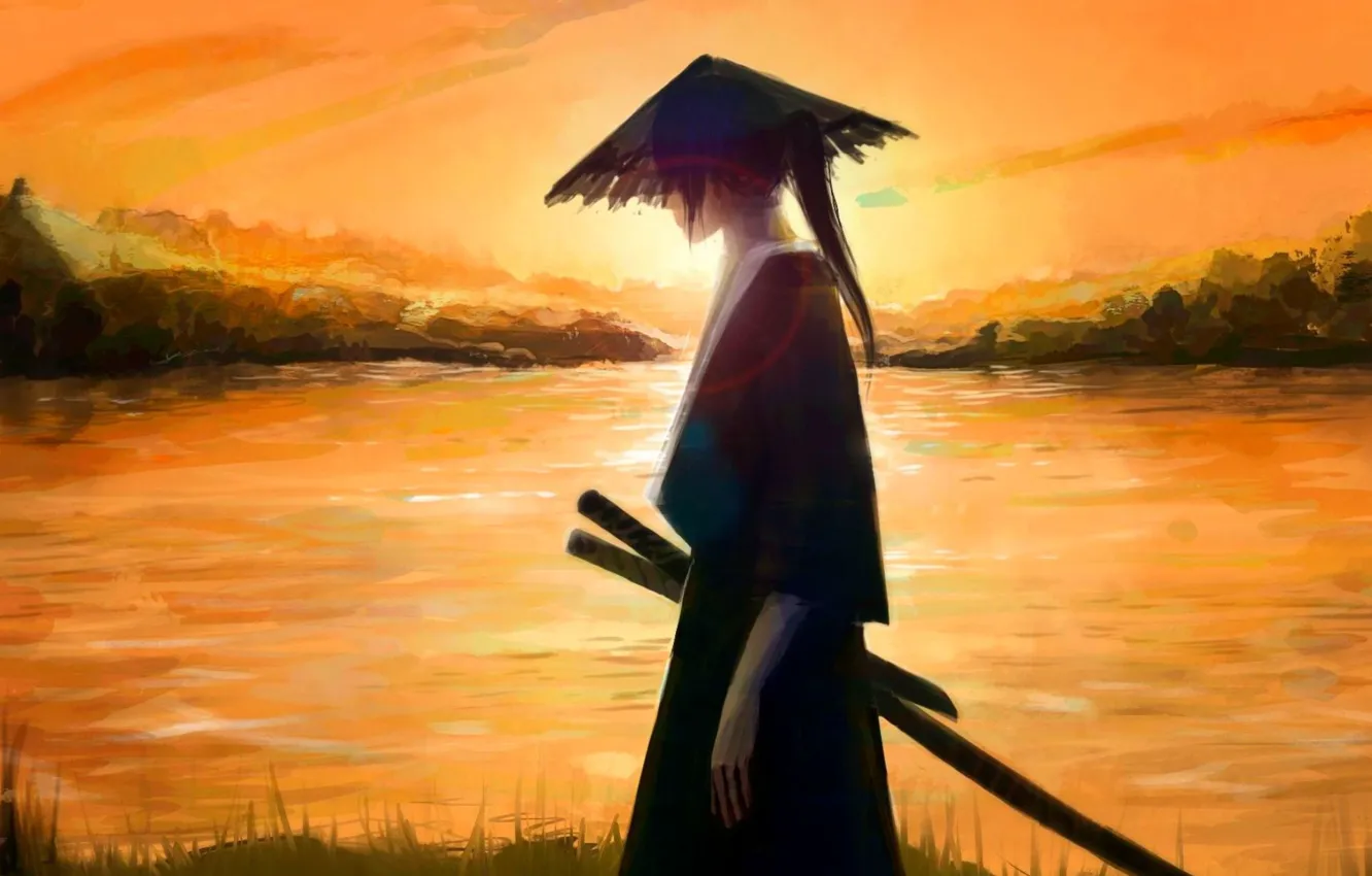 Photo wallpaper water, nature, glare, weapons, sword, hat, anime, art