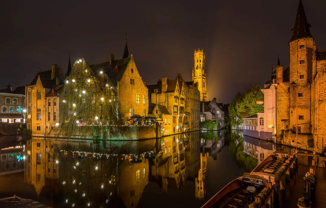 Photo wallpaper the sky, night, lights, home, channel, Belgium, Bruges