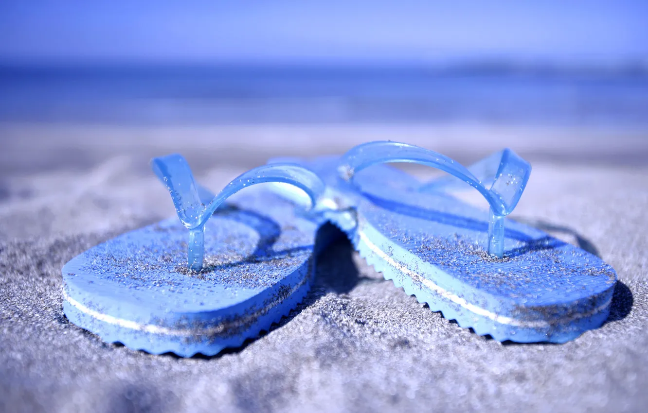 Photo wallpaper sand, beach, summer, blue, Flip flops
