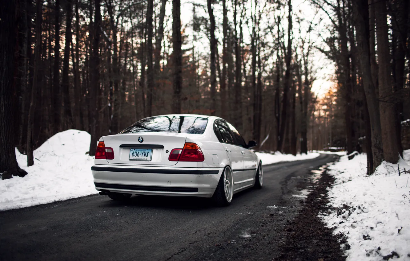 Photo wallpaper winter, forest, trees, BMW, BMW, white, E46, 325i