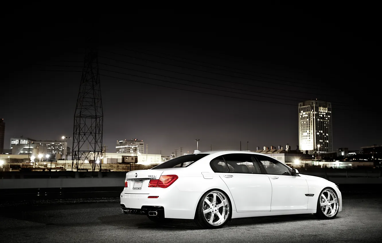 Photo wallpaper white, night, the city, BMW, BMW, white, skyscraper, 750Li