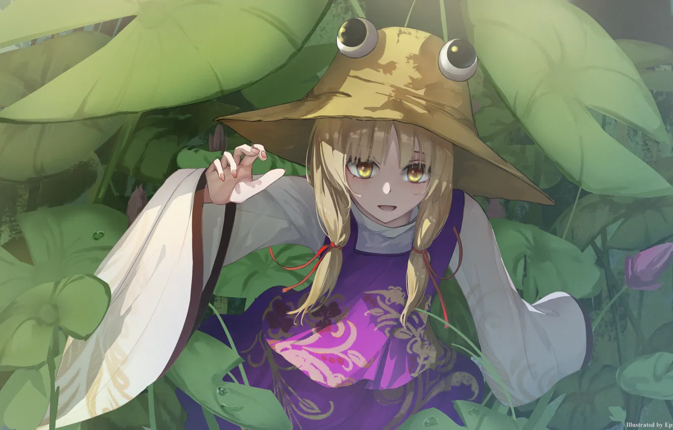 Photo wallpaper hat, yellow eyes, Moriya Suwako, looking up, Touhou Project, Project East, Lotus leaf, bulging eyes
