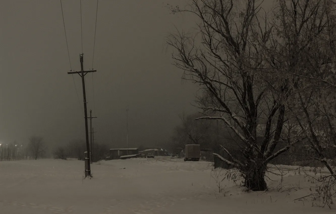 Photo wallpaper winter, snow, trees, night, Russia, December, power lines, Stan