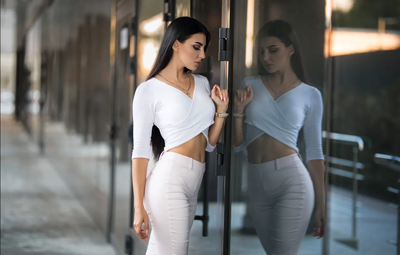 Photo wallpaper pose, reflection, model, building, portrait, makeup, Mike, figure