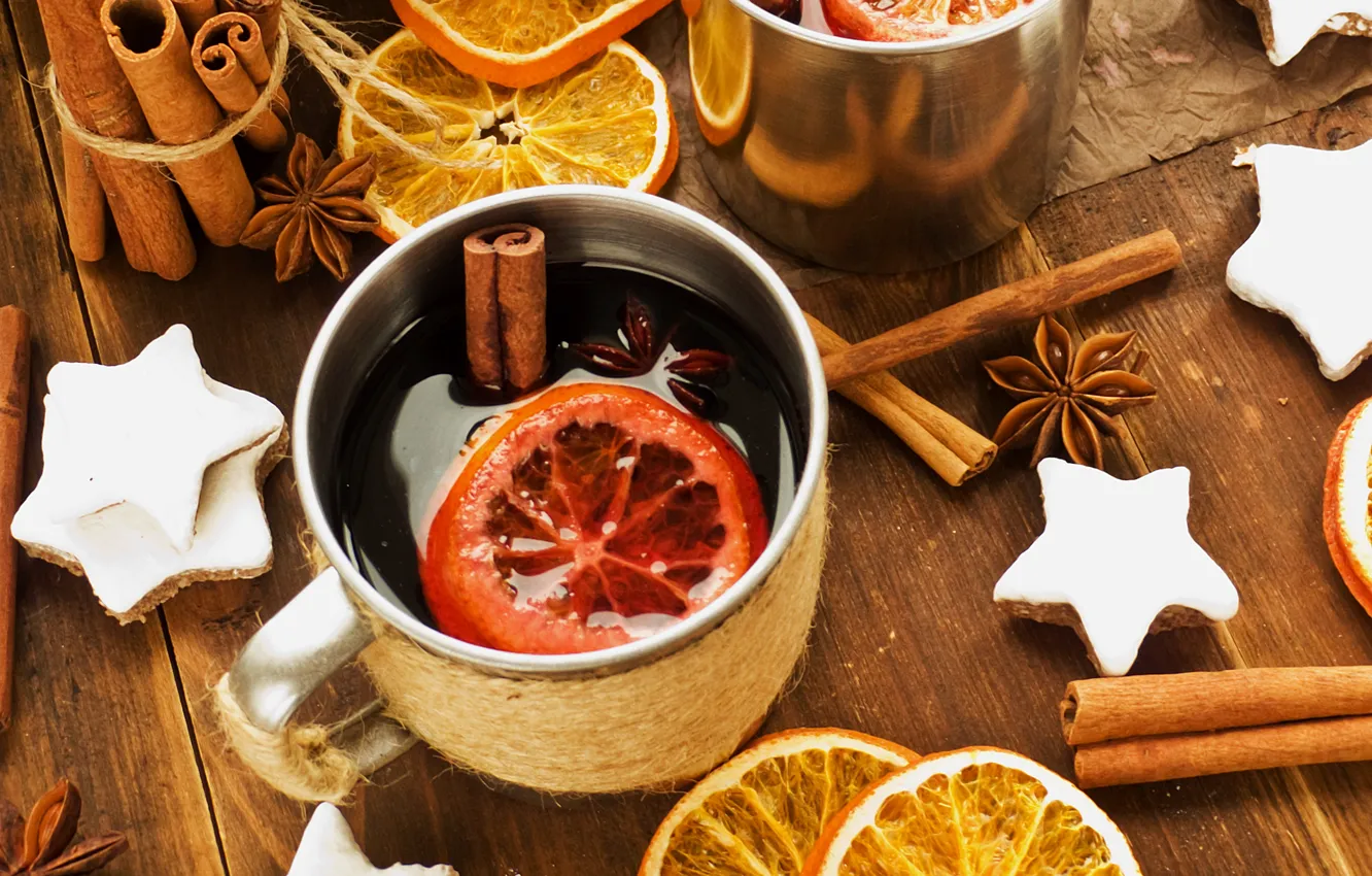 Photo wallpaper winter, wine, oranges, sticks, New Year, cookies, Christmas, Cup