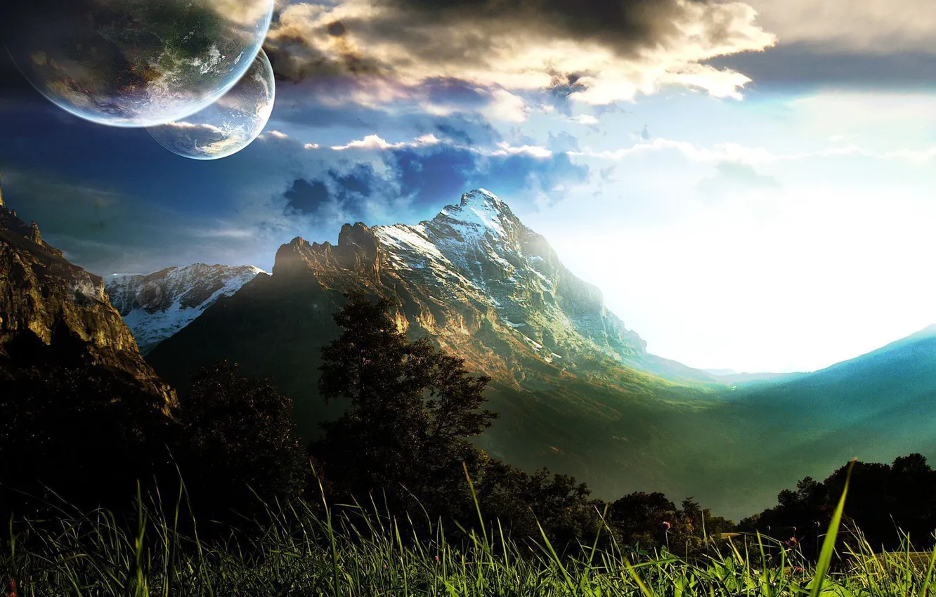 Photo wallpaper the sky, grass, clouds, trees, mountains, planet