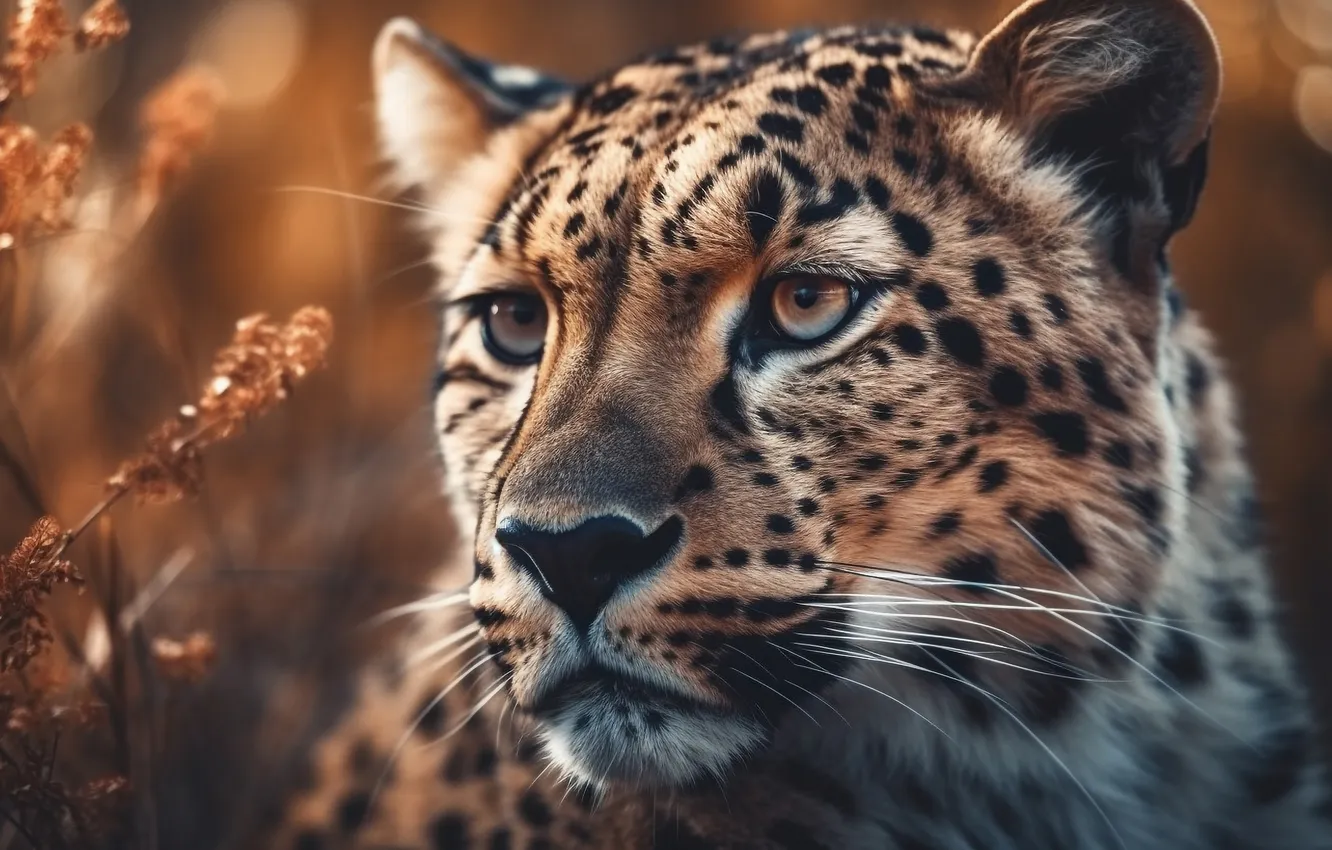 Photo wallpaper look, face, portrait, leopard, AI art, neural network