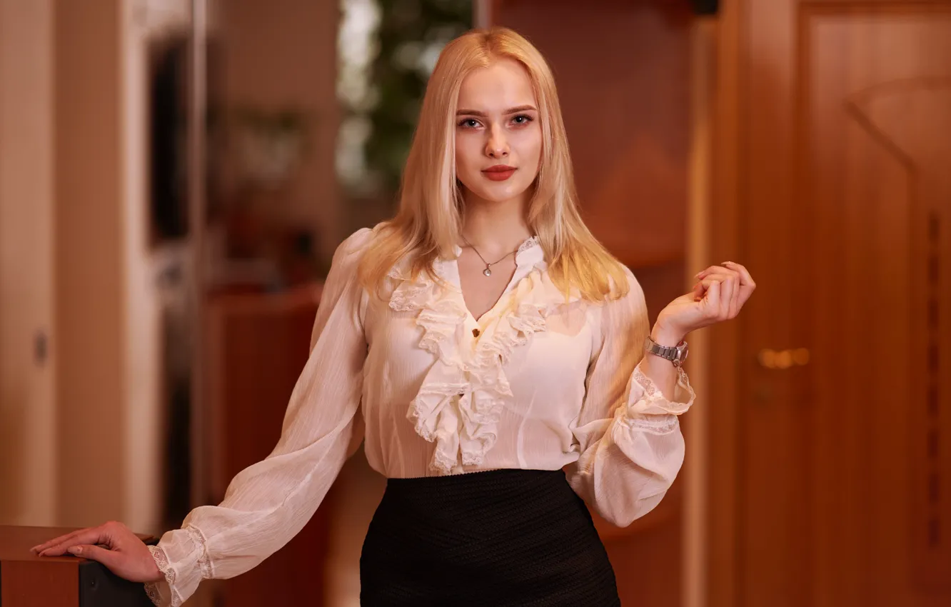Photo wallpaper look, girl, sweetheart, skirt, blonde, blouse, bokeh, Katya
