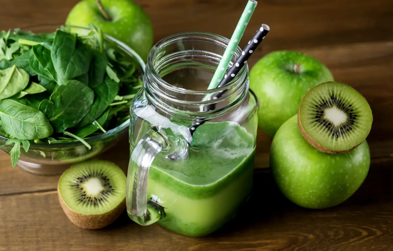Photo wallpaper greens, leaves, apples, Board, food, kiwi, juice, mug
