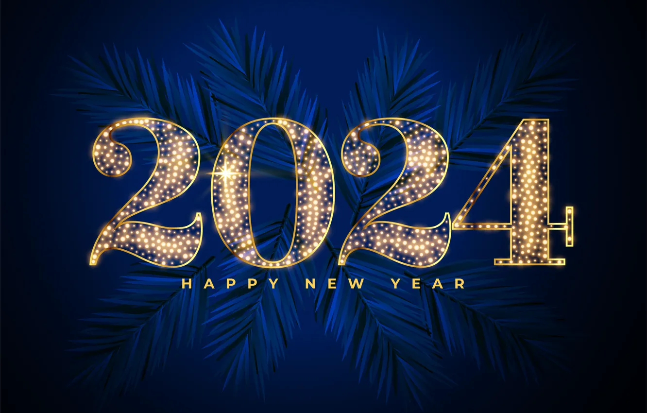 Photo wallpaper branches, lights, the inscription, new year, figures, needles, blue background, date