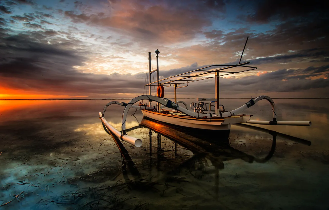 Photo wallpaper landscape, the ocean, dawn, boat