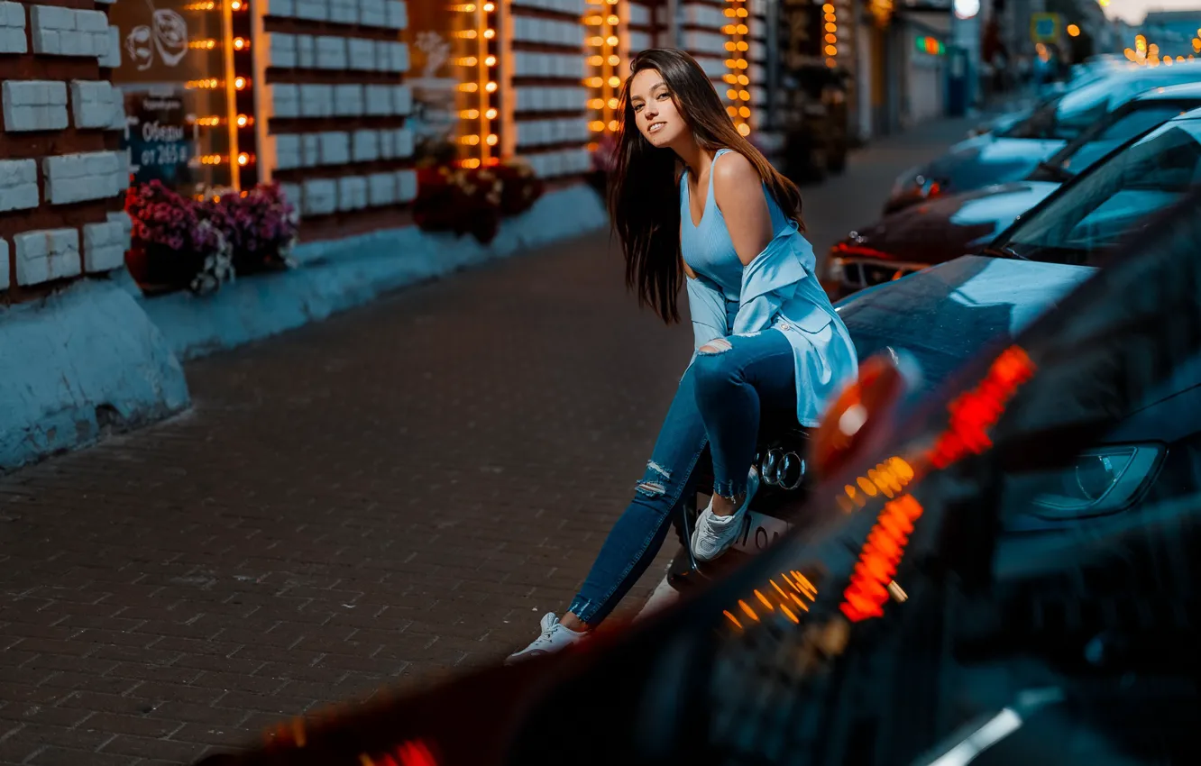 Photo wallpaper auto, girl, machine, pose, street, jeans, Pavel Ermakov, Gulmira Zubanova