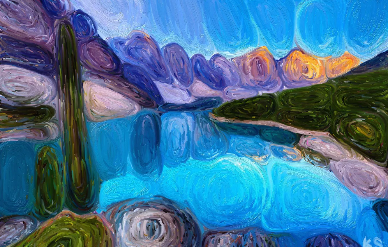 Photo wallpaper landscape, mountains, lake, painting