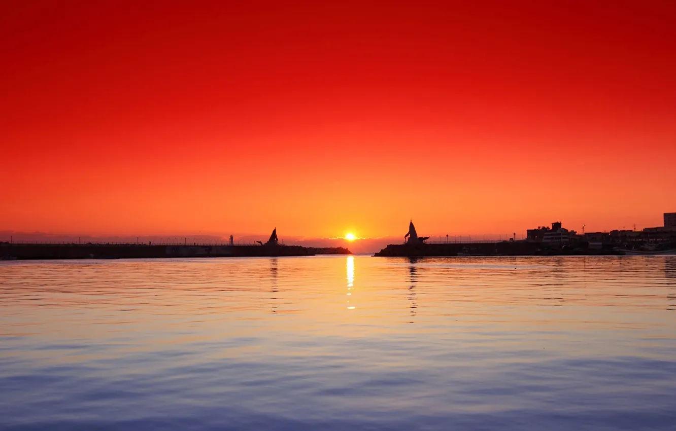 Photo wallpaper the sun, shore, ship, port, sunset