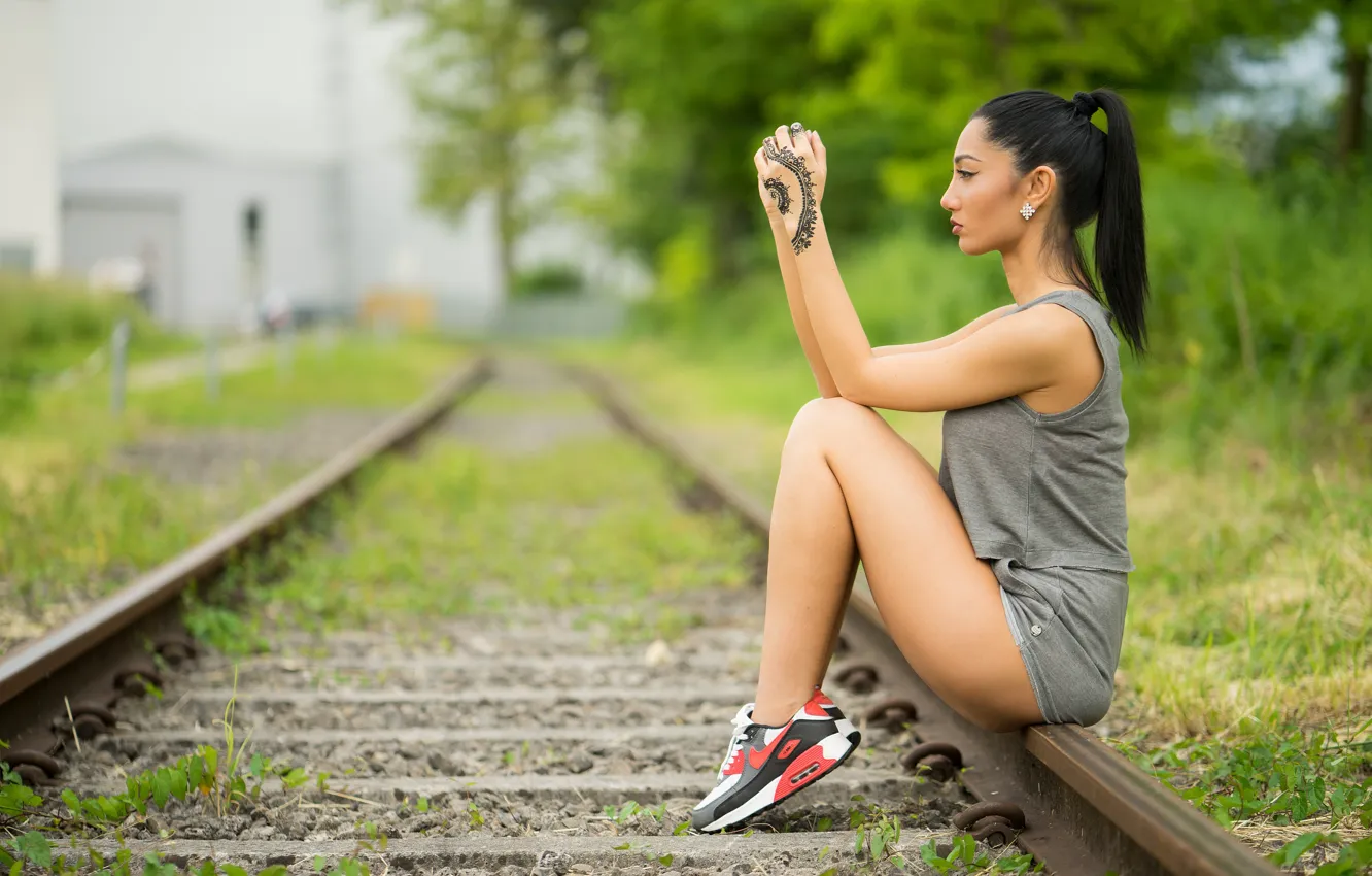 Photo wallpaper girl, shorts, rails, hands, Mike, brunette, tattoo, figures