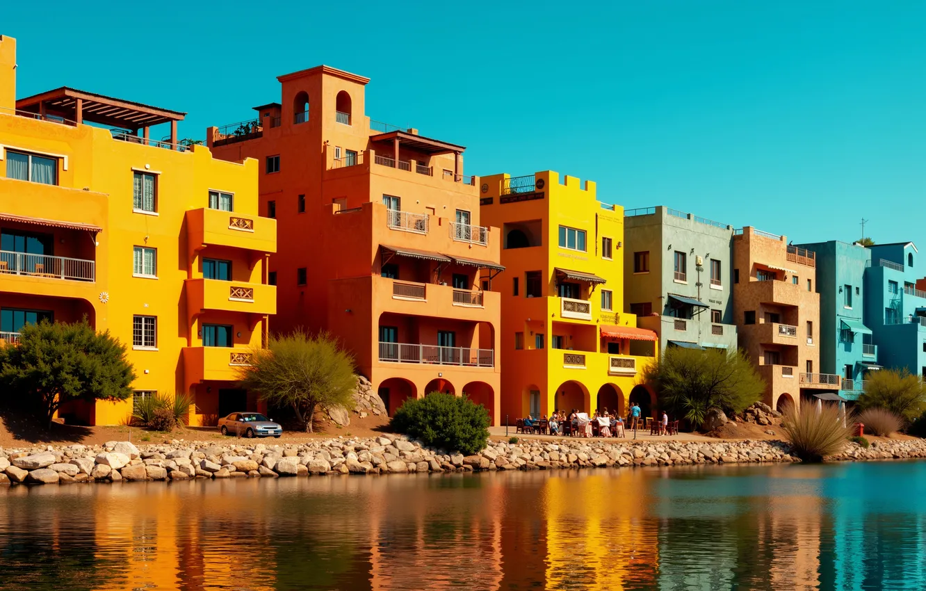 Photo wallpaper river, yellow, building